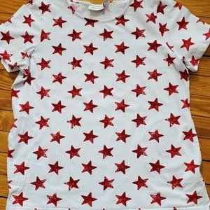 d&co Active White Tee With Red Stars, Pockets, and Side Slits - NWOT Sz L